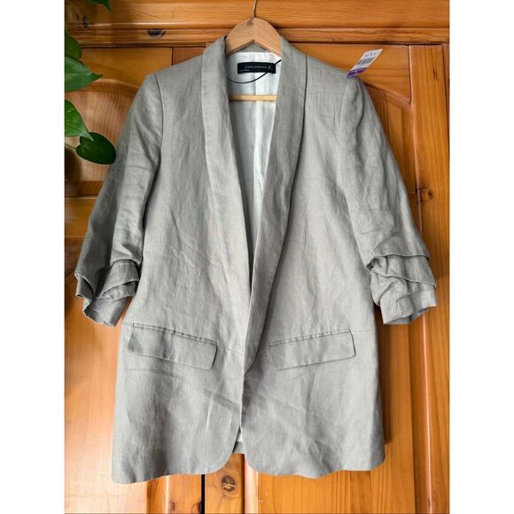 Zara Jackets & Blazers - Zara Woman Beige Linen Blazer Jacket Women’s Size L – Ruched Sleeve Open Front